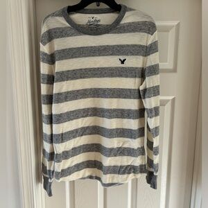 American Eagle Outfitters Men’s Gray and Cream Striped Long Sleeve Shirt